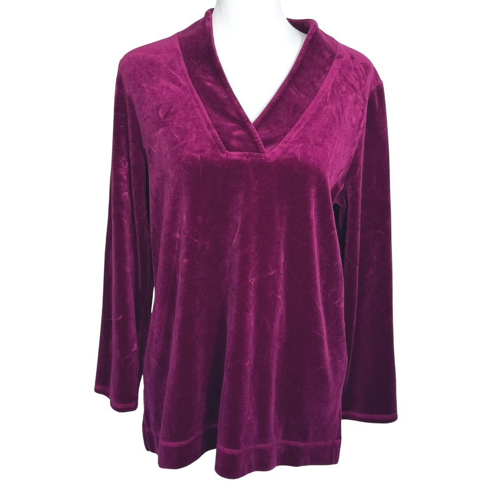 TALBOTS Women Large Petite Magenta Berry Pink Velour VNeck Long Sleeve Tunic Top